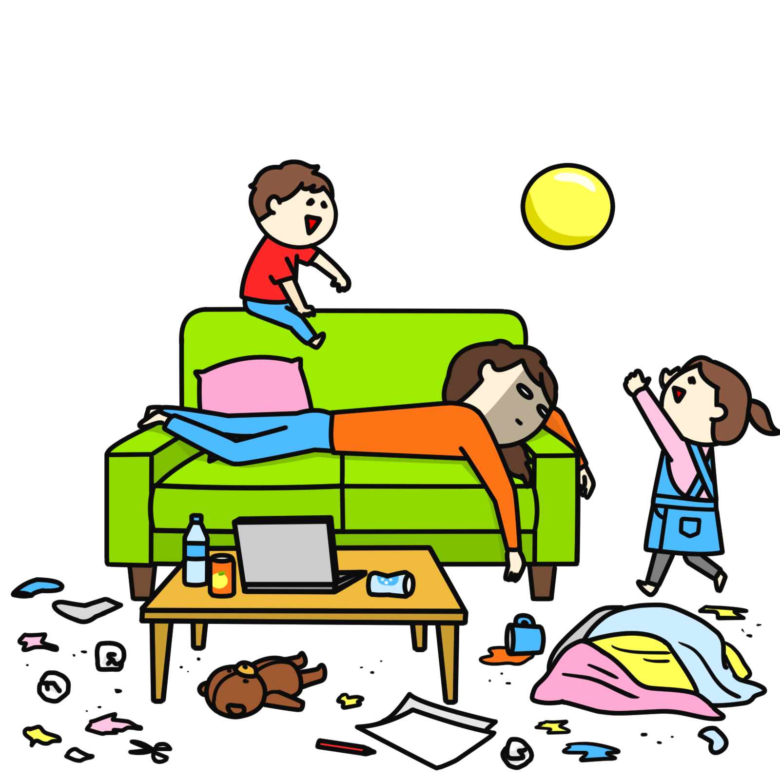 散らかる部屋で遊びまわる子供と疲れて寝込む男性